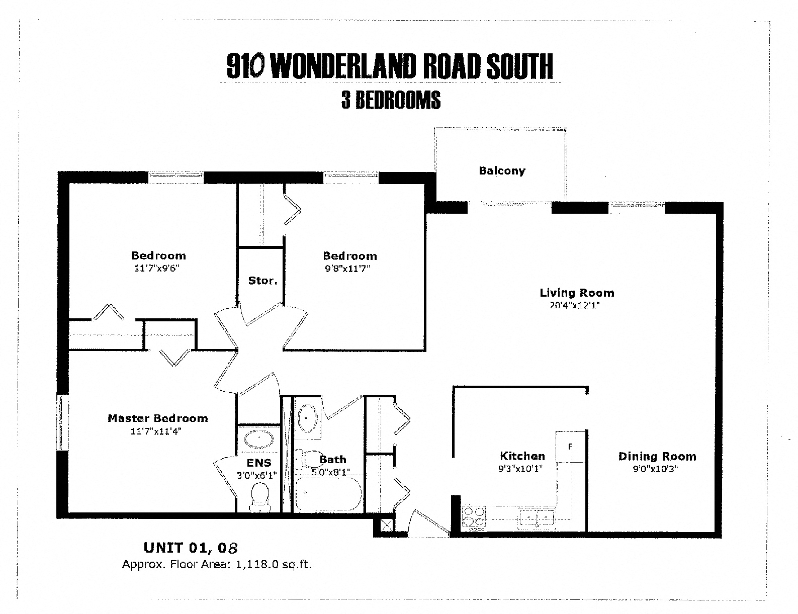 Floor plan for 3 beds, 2 baths, 1118 sqft